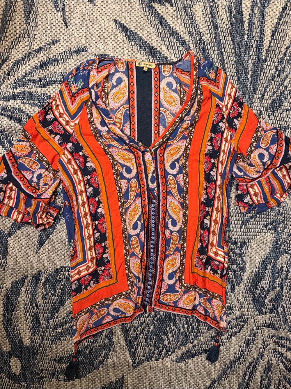 Democracy Boho Paisley Tie-Front Top in Orange and Navy